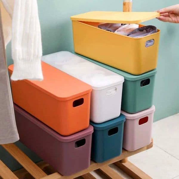 Slim Vertical Storage Box with Lid Space-Saving Household Organizing Bin for Cosmetic Items in Living Ro H251205
