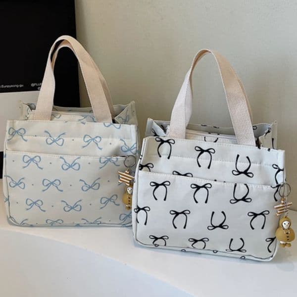 Canvas Lunch Bag Thermal Insulation Lunch Box Storage Handbag with Handle Casual Bow Print Tote Bag Lightweight Hobo Bag Picnic 251202