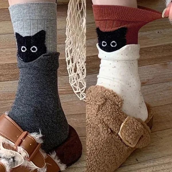 Autumn Winter Peekaboo Cat Cartoon MidCalf Socks Kawaii Cute Warm Cotton Home Sleep Sock Soft Comfortable Daily Wear Gift 251201BANJIA