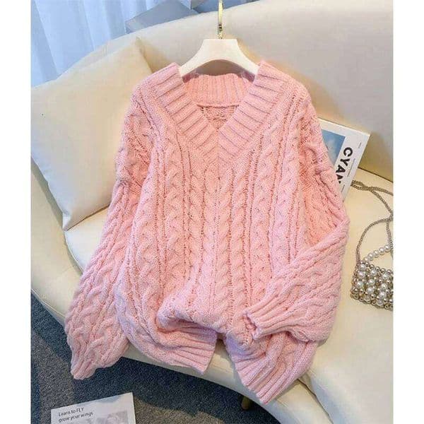 Fashion 2026 Harajuku Sweater Women Fashion Oversized Pink V Neck Knitted Pullovers Korean Long Sleeve Knitwear Winter Casual Jumpers