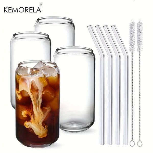 Drinking Glasses Cup with Glass Straw 4pcs Set Can Shaped For Beer Iced Coffee Whiskey Soda Tea Water with 2 Cleaning Brushes 251204BJ