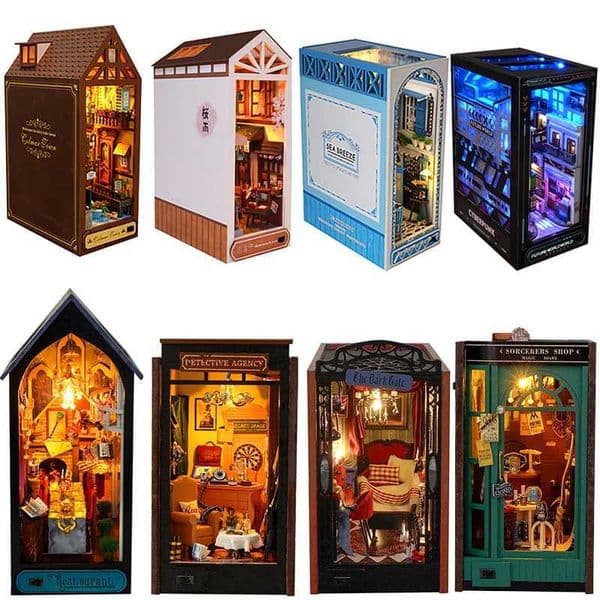 DIY Wooden Book Nook Miniatures Shelf Insert Dollhouse Building Bookshelf Bookend Home Decoration Doll Houses Toys For Xmas Gift Y251206