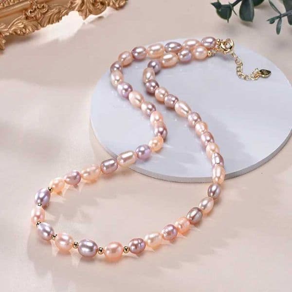 HENGSHENG 6-7mm Rice Shape Freshwater White Pink Purple Mixed Color Pearl Necklace 925 Sterling Silver Jewelry for Women Girls W251206