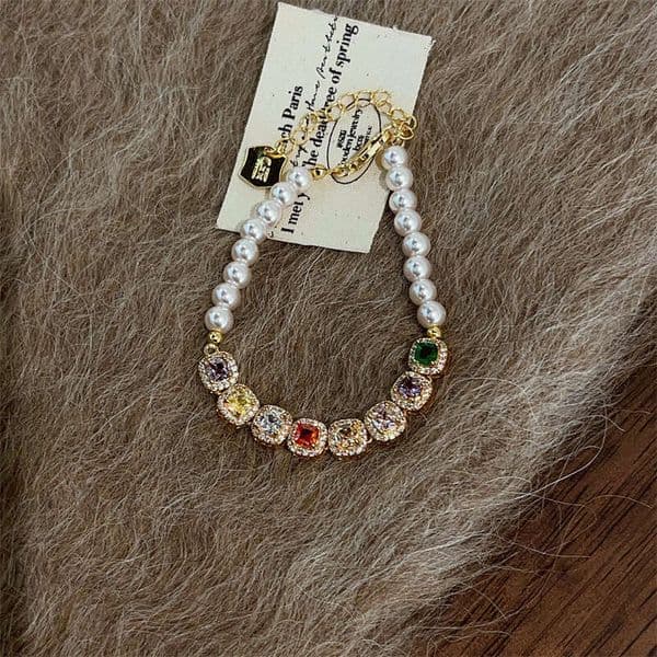 Dopamine colored zircon splicing imitation pearl bracelet for women, light luxury, niche, exquisite and high-end bead jewelry
