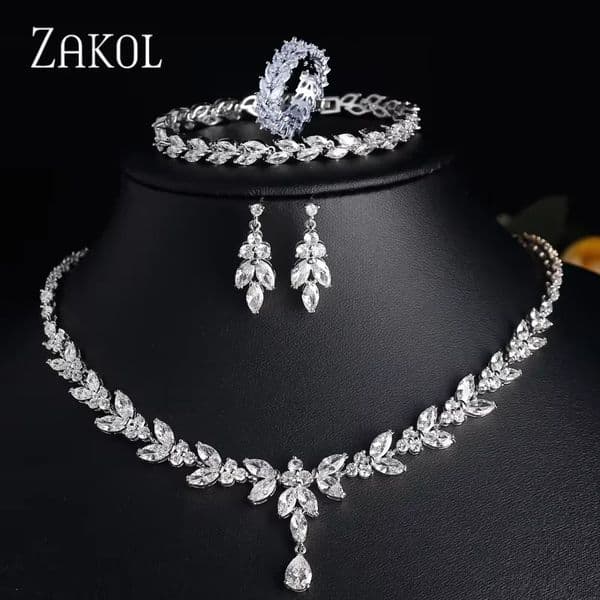 ZAKOL Brilliant Zirconia Leaf Necklace Earrings Rings Bracelets Set for Women CZ Drop Bridal Wedding Jewelry Sets 251204
