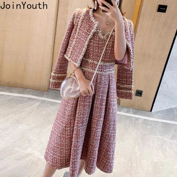 Elegant Suit Womens Clothing 2 Piece Sets O-neck Cropped Coat Slim Waist A-line Pleated Sing Dress Outfits Thicked Tweed Set 251203