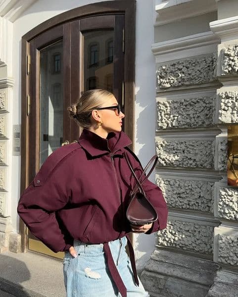 Fashion Wine Red Zipper Loose Overcoat Women Chic High Collar Long Sleeve Lace Up Elastic Waist Jacket Female Commute Daily Coat 251205
