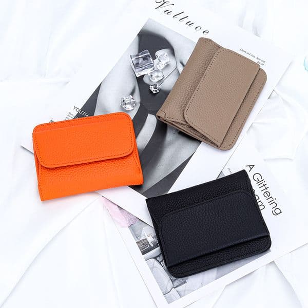 Luxury designer pure cowhide short wallet women's large lychee pattern multi-functional folding small wallet