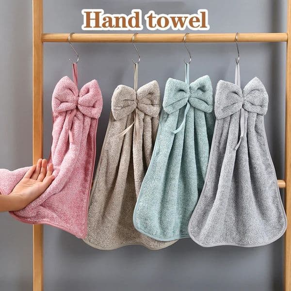 Bow Shaped Hand Towel Coral Fleece Bathroom and Kitchen Hanging Towel Plain Color Hanging Cloth Handkerchief 251202BJ