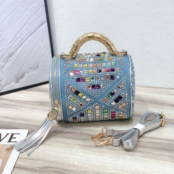 A Designer's Luxurious Mini Fashionable Colored Diamond Handbag, Rhinestone Multi-functional Exquisite High-end Denim Crossbody Bag For Women