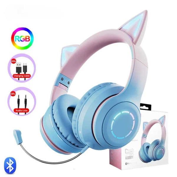 RGB Headset Gamer Girl Wireless Headphones Earphone With Microphone Cat Ear Gaming Earphones Stereo Helmet For Phone M251208