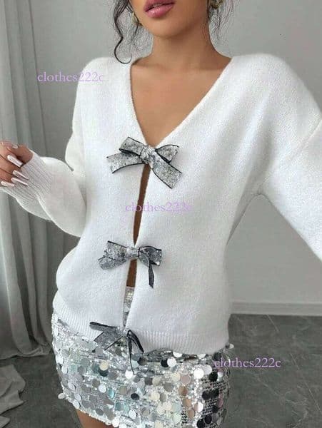 Autumn And Winter New Fashion Woman Sweater Sequined Bow Trim Loose Long Sleeve Niche Knit Cardigan