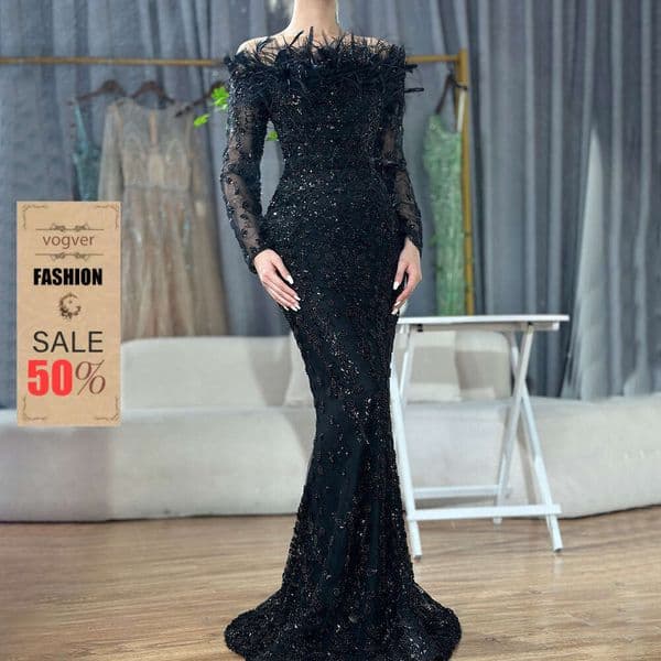 Evening Dress For Women Designer Luxury 2026 Black Off-Shoulder Feather Mermaid Gown Elegant Socialite Banquet Host Evening Dress