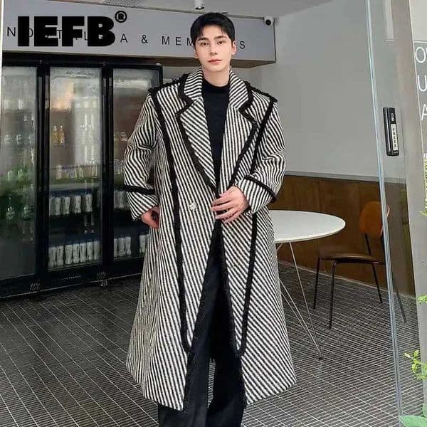 IEFB Winter Mens Woolen Long Coat Thickened Weave Twill Lapel Wool OverCoat Korean Style Windbreaker Trend Autumn New 9C3302 M251208