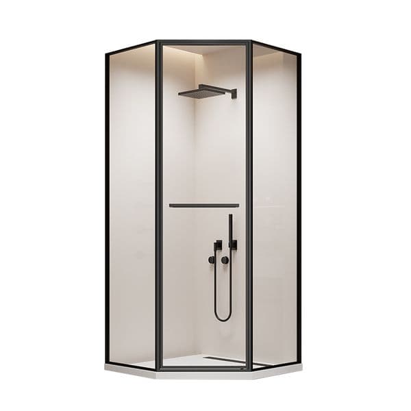 Minimally designed shower room with extremely narrow borders, diamond shaped hotel home bathroom, bathroom partition, glass door, customized shower screen