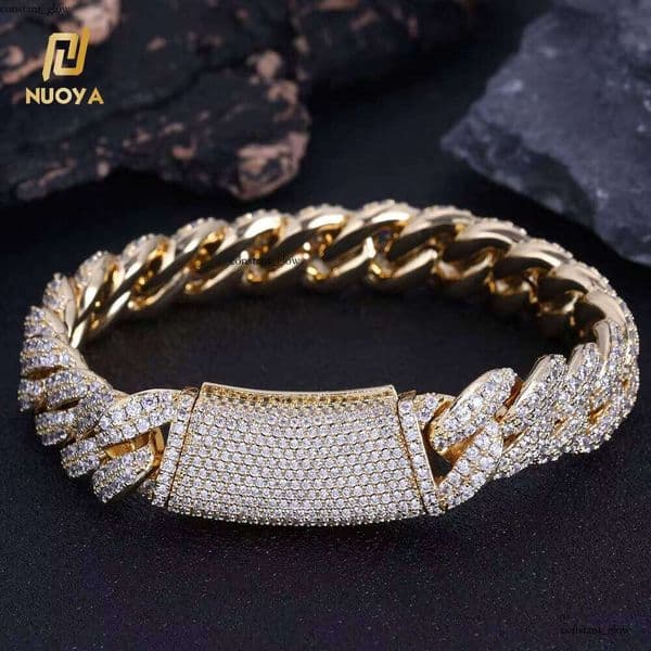 NUOYA 13mm Double Row Cuban GRA Chain White Gold Plated Hip Hop Jewelry Curved Box Clasp VVS Moissanite Bracelet Rapper Style