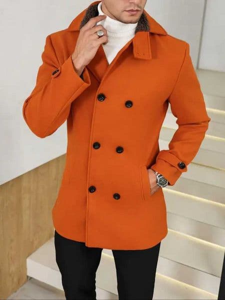1 PCS Mens Woolen Overcoat Open Front Coat with Fur Collar Dual Button Design Long Sleeve Casual Jacket with Pockets Comfor M251208