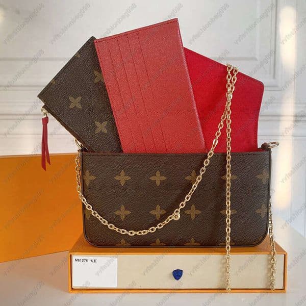 Multi Pochette Accessories Felicie Leather clutch women Bags 3 Piece/set Clutch Wallet with box corss body card holder fashion chain purse messenger handbags 58