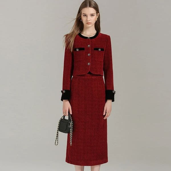 EVNISI Women Elegant Two-Piece Wine Tweed Cardigan Coat A-line Skirt Set Button Up Long Sleeved Chic JacketHigh Waist Skirt Set 251203