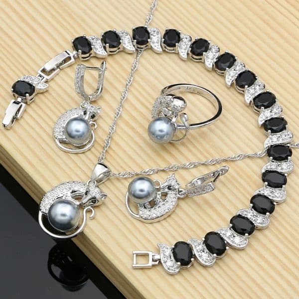 Geometric Gray Pearl Fox 925 Sterling Silver Jewelry Sets for Women Stone Earrings Animal Party Set Drop 251204