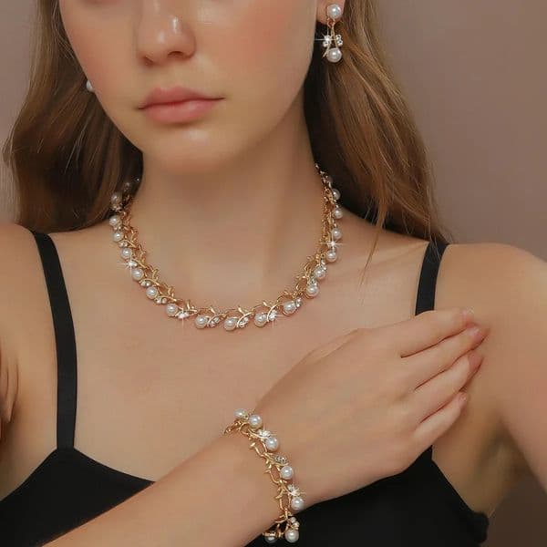 Fashion Simple Pearl Set with Pearl Rhinestone Necklace Earrings Bracelets Brides Wedding Accessories 251204