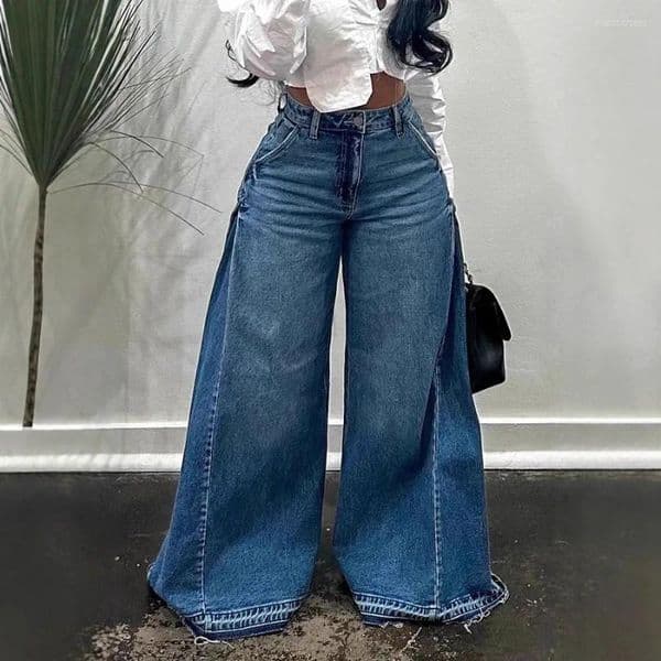 Women's Jeans Loose Wide Leg Denim Y2K Blue Waed Patchwork Bell Bot Floor Length Tassel Long Trousers