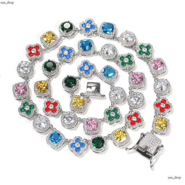 Hot Sale fashion Gold Plated Jewelry Geometric VVS Moissanite Multicolor Necklace Personalized Brass Flower 10mm Ice Chain