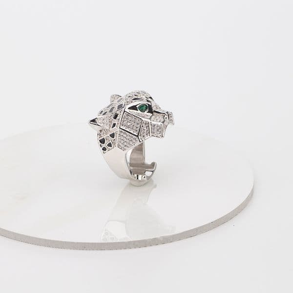Wide Version Leopard Head Ring Epoxy Ring Zircon Green Eyes Gold-Plated Diamond-Studded Personality Domineering Ring Wholesale 7A