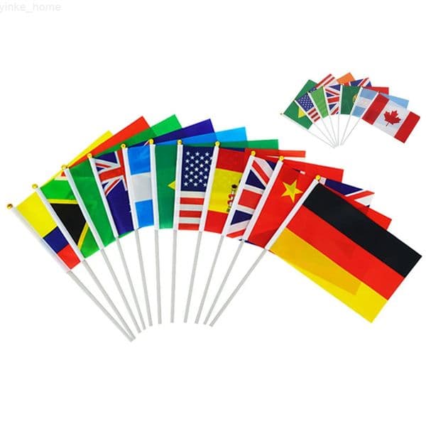 50pcs Countries Hand Flags Customized National World Country Mini Hand Waving Flag 14x21cm Small Flagpole Hand Flag