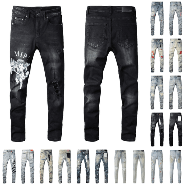 jeans for mens designer women jeans high quality splash-ink torn old jeans High street trend slim-fit fashion stretch pants revival jeans Size 28-40