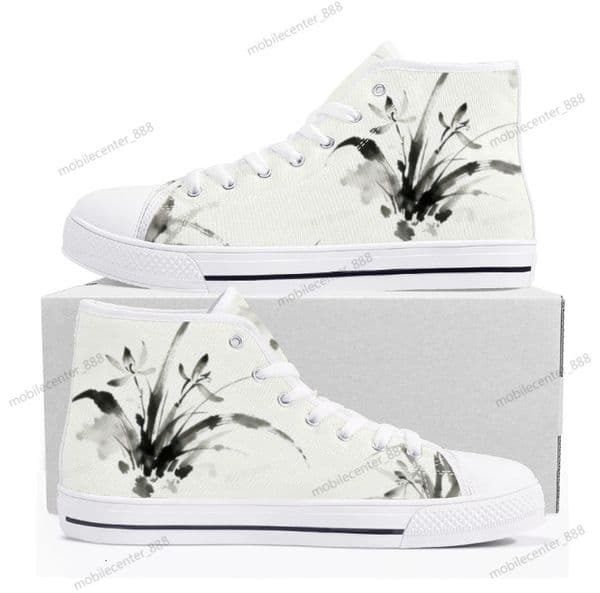 Senior Designer Ink wash painting elements Men And Woman's High Top Canvas Sneakers Lace Up Classic Casual Walking Shoes