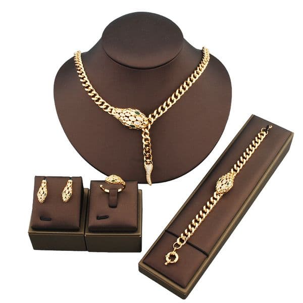 New Green Eye Snake Ring Women's Bracelet Set Earrings Necklace Copper Gold Plated Micro Pave Zircon Jewelry