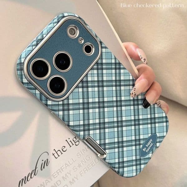 Retro Stylish Blue Rhombus Grid Pattern Artificial Leather Phone Cover Case for iPhone 17 16 15 14 13 12 Pro Max Plus M251209