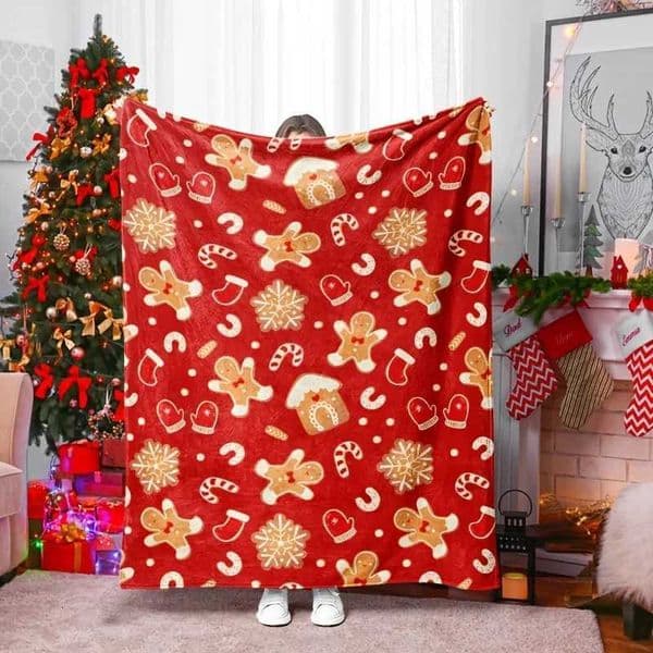 1pc Cozy Christmas Gingerbread Print Flannel Throw Blanket - Lightweight All-Season Soft Warmth for Sofa Bed H251209