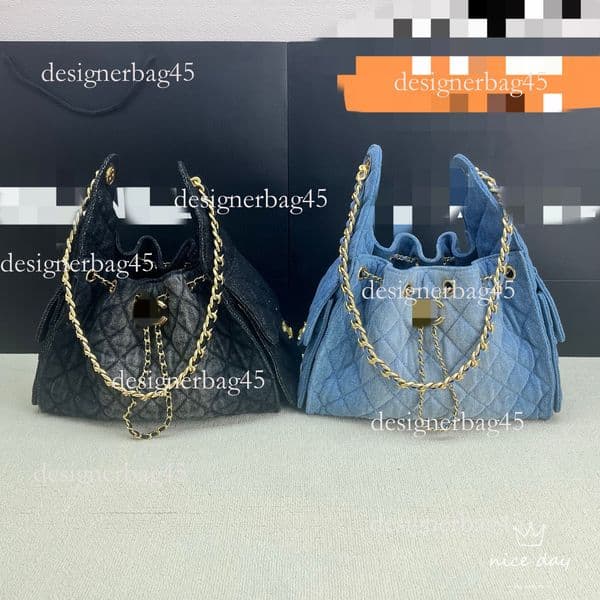 Summer New designer bag Hobo Quilted Luxury handbag Drawstring Chain Handbag Niche Vintage Denim Bucket Bag For Women