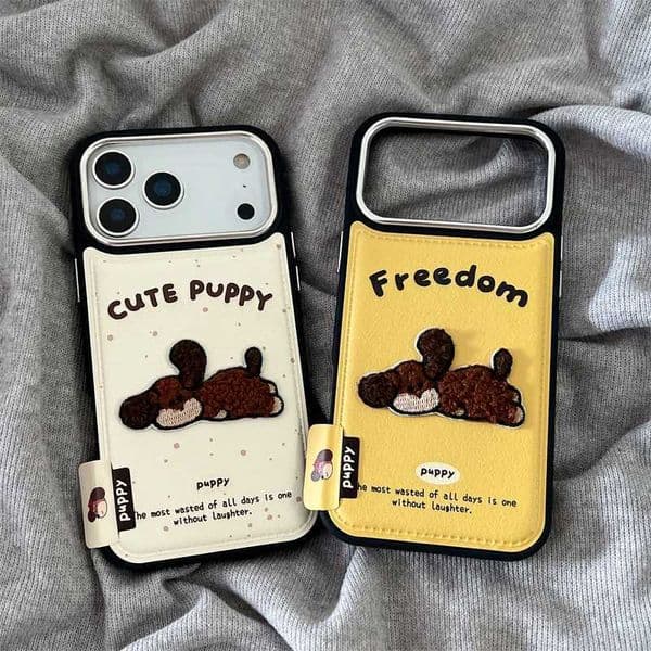 Fashion Cute Embroidery Puppy Phone Case For iPhone 17 Pro 15 14 16 Pro Max Cover Shockproof Protective Cases Leather Covers M251209