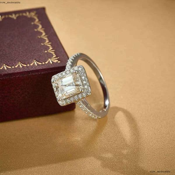 VVS Moissanite GRA Certified 6*8mm 2CT Emerald Cut Diaspore Engagement Ring for Women 925 Sterling Silver, Platinum Plated Jewelry