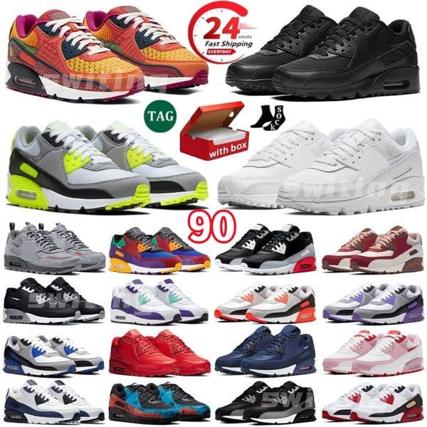 With Box Designer Running Shoes 90 90s Classic Triple Black Mesh Leather White Yellow Grey Moss Green Volt Obsidain Mens Womens Outdoor Sneakers Trainers Size 36-47