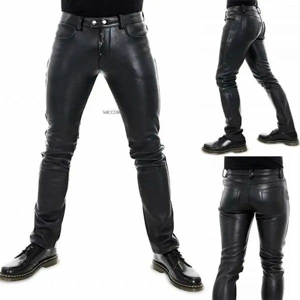 Mens Leather Pants Solid Color PU Leather Motorcycle Pants Elastic Leisure Punk Style Slim Fit Full Length Trousers 251205