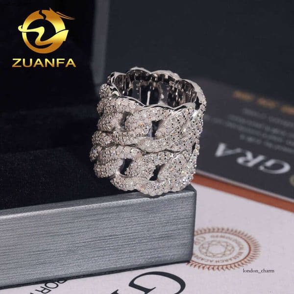 New Design Fashion 2 Row Stone S925 Sterling Silver Hip Hop Iced Platinum Plated VVS1 Moissanite Miami Cuban Band Ring