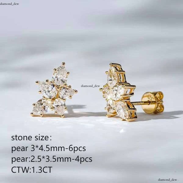 Starsgem 18k Gold Lab Stud CTW1.3CT Pear Cluster VVS Moissanite Women Wedding Earrings