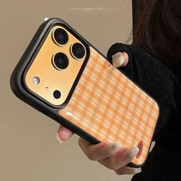Korean Orange Checkered Drip Glue Phone Case For iPhone 17 16 15 14 13 Pro Max Y2K Cover Ins Girl Series Niche M251209
