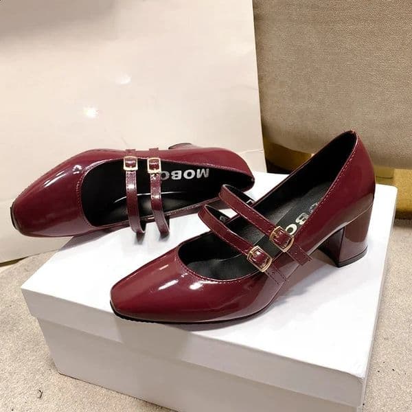 2025 Spring Autumn Women Double Buckle Shoes Leather Square Head Square Heel Solid Color Womens Shoes 251201