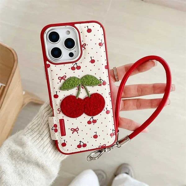 Cute Red Polka Dot Cherry Embroidery Phone Case For IPhone 15 Pro 16 13 14 Pro Max Cover Leather Cases For IPhone14pro 16 Funda M251209