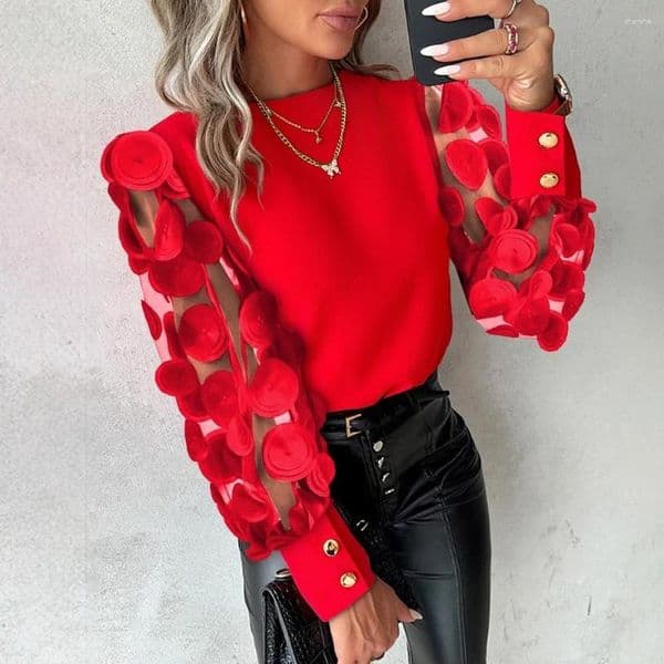 Women's Blouses Blouse All Season Chic Fashion Solid Color Gauze Circular Decoration Cuff Sleeve Crew Neck Office Lady