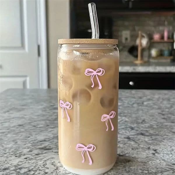 500ml Pink Bow Cute Glass Cups with Lids and Straw Tumbler Glass Cup for Iced Milk Coffee Smoothie Cocktail Matcha Juice Cup 251204