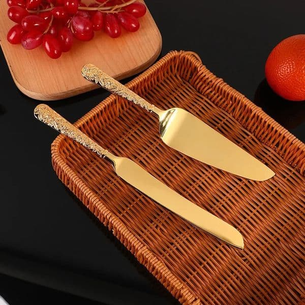 Classical golden cake knife shovel two-piece western steak pizza cutlery fashion pattern handle knife 251202