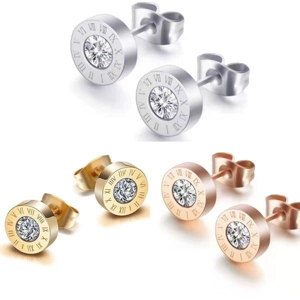 jewelry earring 8MM Round Roman Numeral 316L Stainless Steel Shine Zircon Diamond Stud Black Gun Gold Plated Number Design For Women Men's Earrings Designer Earring