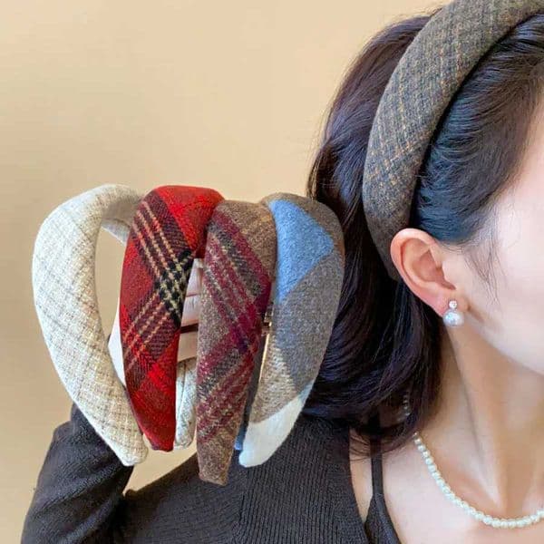 Vintage Checkered Fabric Flannel Headbands for Women Simple Wide Design Hair Hoop Casual Daily Hair Accessories Christmas MT251210