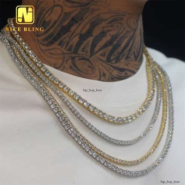 Wholesale Hip-Hop Jewelry Fashion Iced Out 18k Gold Plated Brass VVS Moissanite Tennis Chain Straight Pull Unisex Necklace